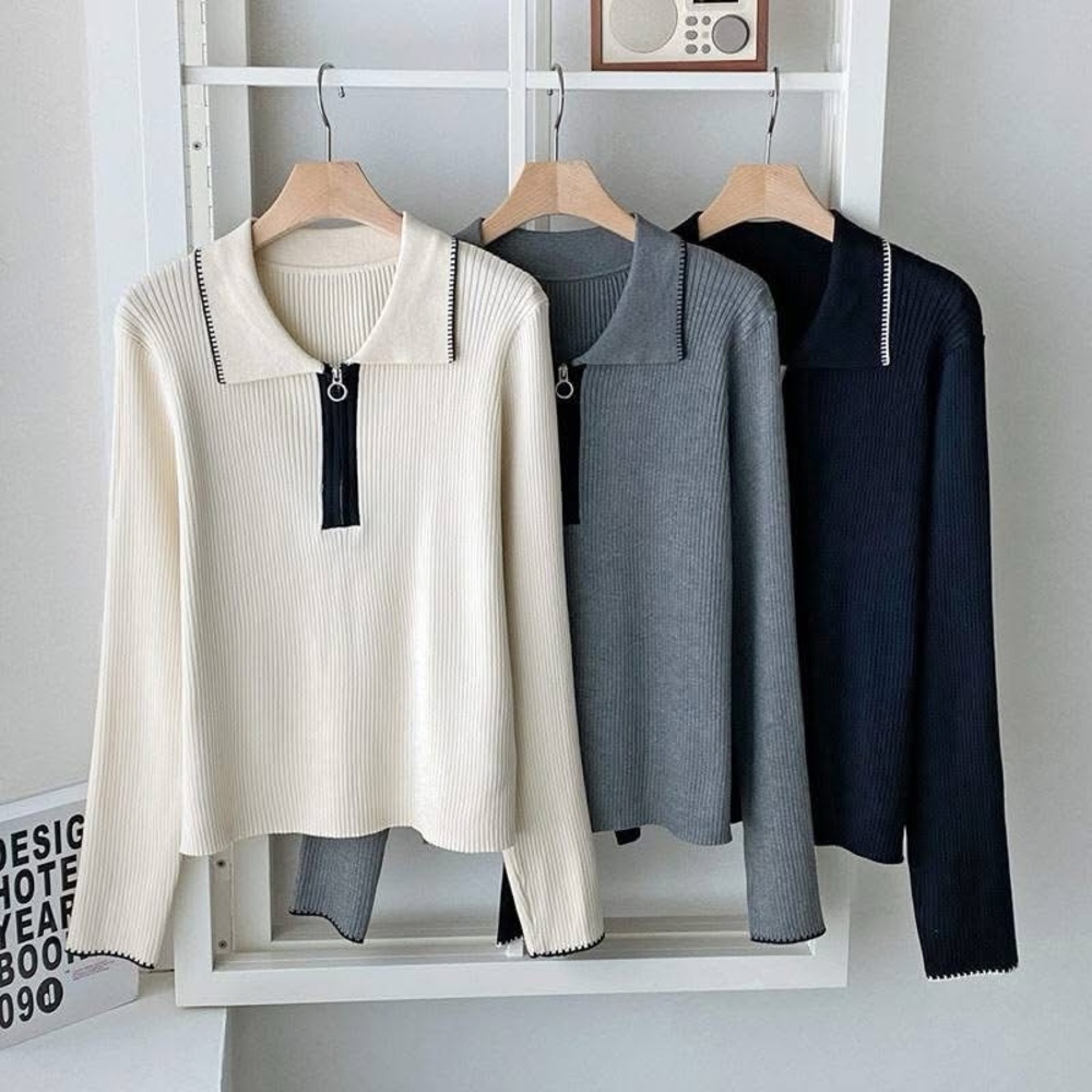 Stylish Ribbed Zip Collar Tops - Available in Cream, Gray, and Black